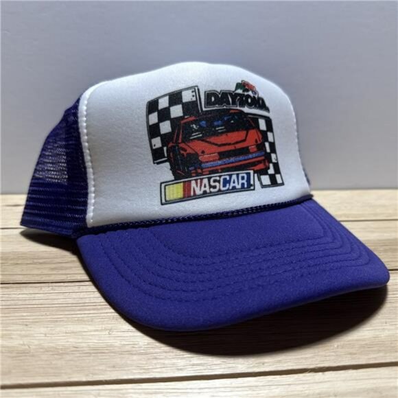Vintage NASCAR Daytona Racing Trucker Hat Purple Mesh Snapback 80s Cap Car Fans - Picture 2 of 6
